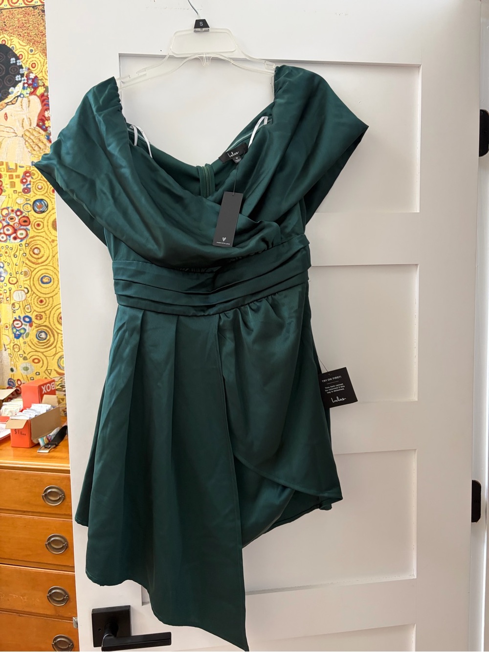 Lulus Off-Shoulder Emerald Green Satin Cocktail Dress - Picture 2 of 4